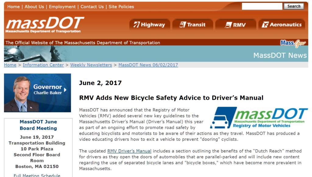 Official MassDOT announcement: state driver's manual now includes Dutch Reach far hand method to avoid dooring bicyclists thus prevent crashes, accidents harming cyclists, endangering drivers and passengers, & reducing door damage, EMS/EMT & medical costs.