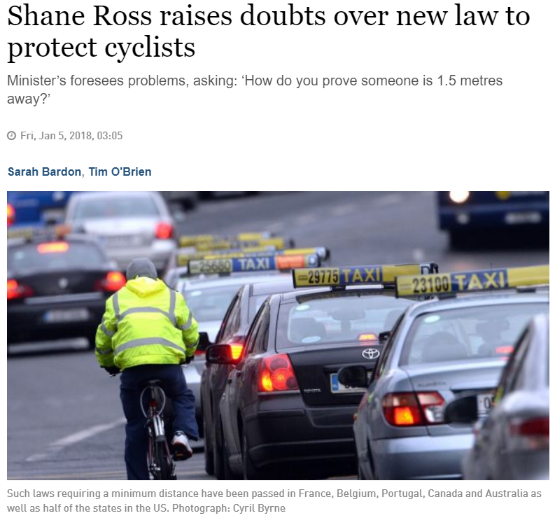 Bicycling advocates urge close pass legislation to protect cyclists from dangerous passing by motor vehicles, cars, trucks, buses, lorries, etc. Transport Minister Shane Ross reportedly expressed skepticism as to whether police could measure distance between cyclist and car or vehicle. Yet Chattanooga TN police have just such a system and it works!