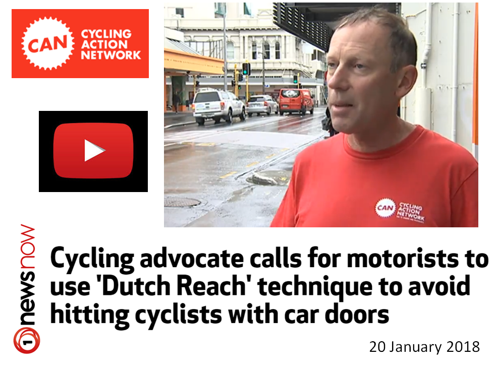 Patrick Morgan, spokesperson for CAN, the Cyclists Action Network of New Zealand tells One News Now TV about value of drivers and passengers using the far hand Dutch Reach method to avoid dooring bicyclists.