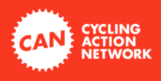 Cycle Action Network of New Zealand logo, gear ring disc against orange background