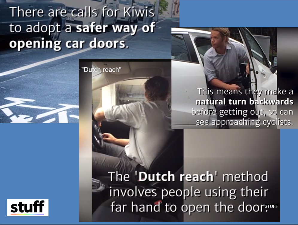 Video & article describe dooring of young woman Nov., 2017 to help explains serious danger of open car doors for cyclists in New Zealand. Far hand method is described; graphic image of doored victim included.