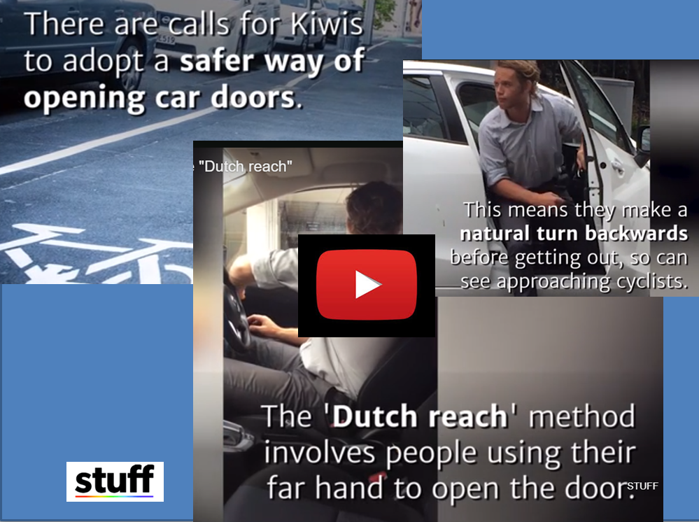 Cycle Action Network has led call for New Zealand government to launch a public education campaign on the Dutch Reach far hand method to prevent dooring of cyclists. Stuff National coverage includes video describing the maneuver & includes report on a seriously injured victim of a dooring.