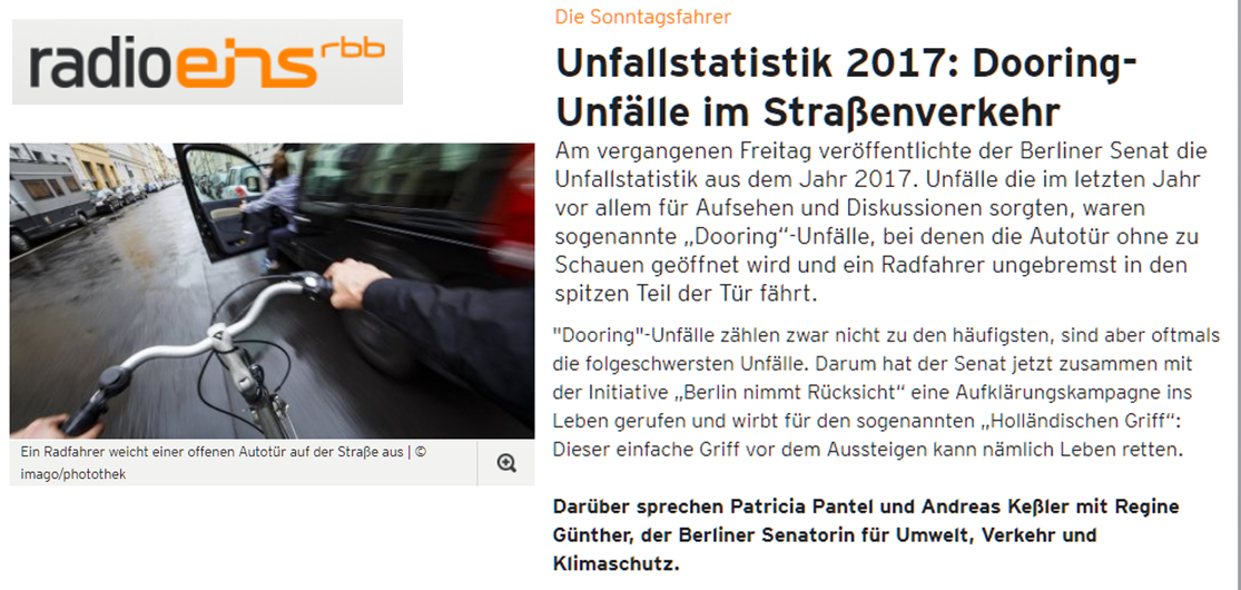 Radio EHS rbb - Unfallstatistik 2017: Dooring-Unfälle im Straßenverkehr. Berlin Accident statistics 2017: Dooring accidents in traffic