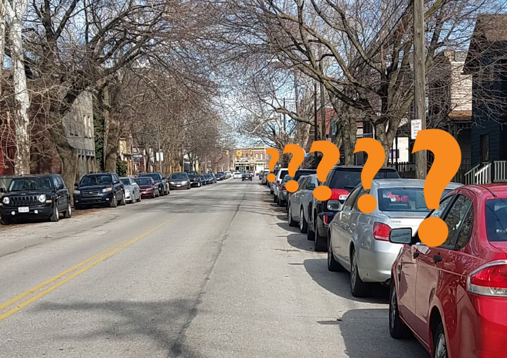 Photo of line of parked cars with large question mark beside each door, suggests fear of cyclists as the approach, whether they will get doored by a careless driver or passenger dooring the.