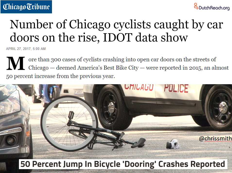 Chicago cyclists caught by car doors on the rise, IDOT data show. 302 dooring accidents in 2016; 203 in 2014.