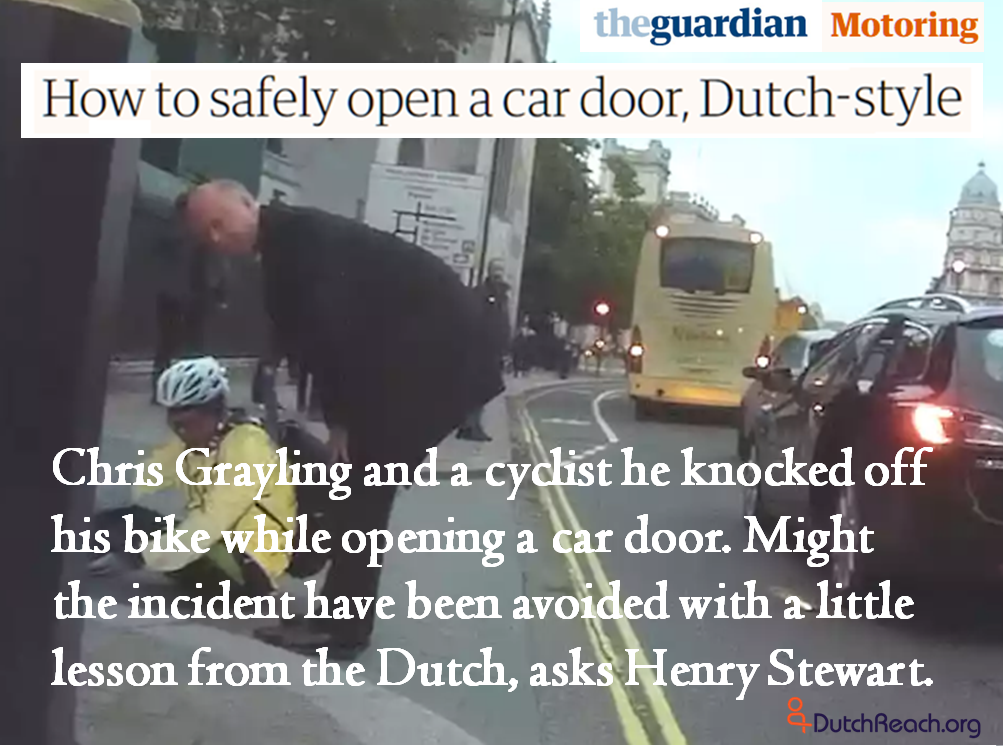 How to safely open a car door, Dutch-style. The Netherlands has found a solution to the problem of car doors and cyclists (Transport secretary knocks man off his bike, 16 December). Dutch motorists are trained to open the car door with their opposite hand. This forces the body to swivel, and your eyes to look backward, thus spotting a passing cyclist.