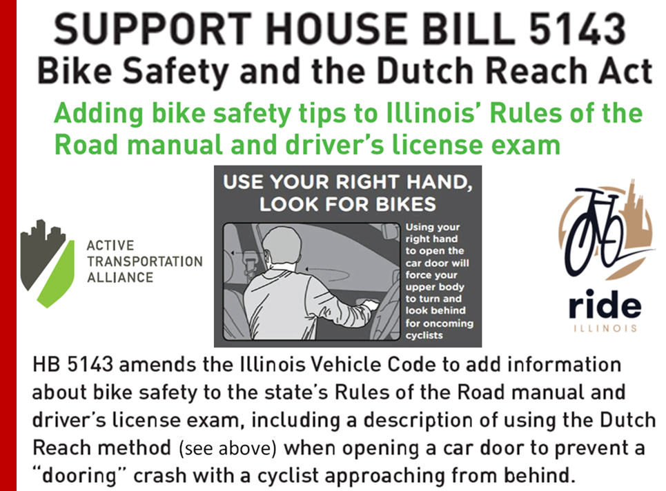 Active Transportation Alliance, Ride Illinois, City of Chicago & Illinois DOT support new bills and legislation, which are acts to improve road sharing with cyclist, school children & pedestrians. They are: House Bill 5143 sponsored by Representative Theresa Mah of Illinois General Assembly, for The Bike Walk Education in Schools Act House Bill HB4799 & House Bill HB5143, The Bike Safety and Dutch Reach Act.