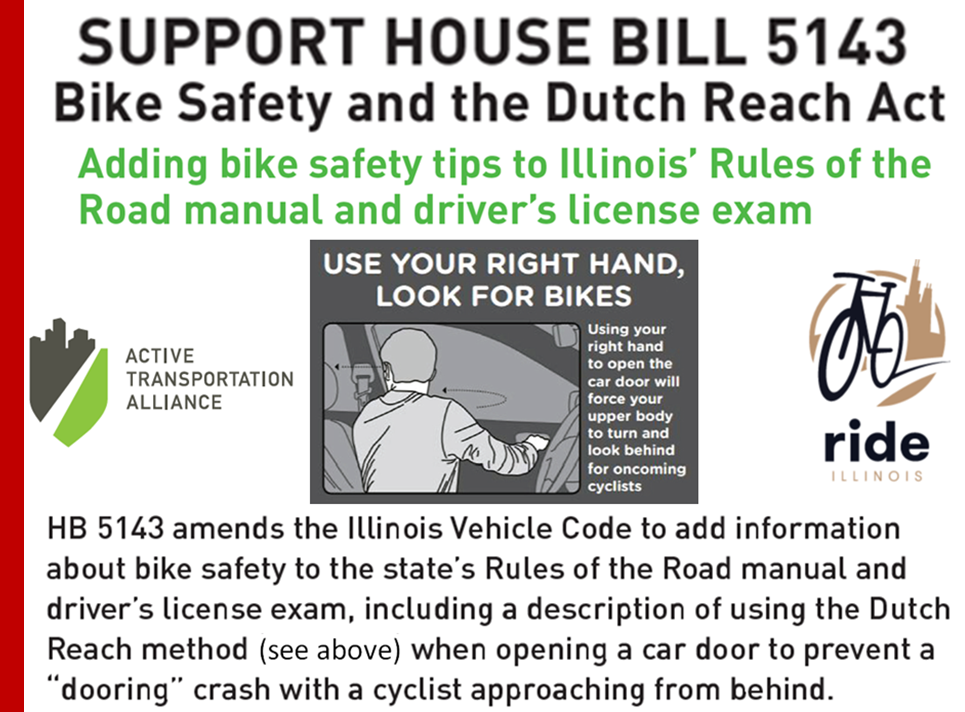 Active Transportation Alliance, Ride Illinois, City of Chicago & Illinois DOT support new bills and legislation, which are acts to improve road sharing with cyclist, school children & pedestrians. They are:  House Bill 5143 sponsored by Representative Theresa Mah of Illinois General Assembly, for The Bike Walk Education in Schools Act House Bill HB4799 & House Bill HB5143, The Bike Safety and Dutch Reach Act.