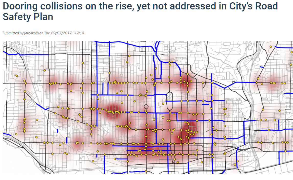 Cycle Toronto" Dooring Locations in Downtown Toronto 2014-2016. Dooring locations denoted with a yellow dot. Blue lines indicate the presence of bicycle lanes. Hot spots in red.