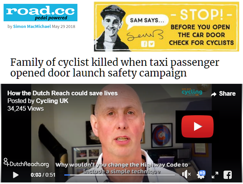 Sticker: Stop before you open the door. Check for cyclists. Sam Boulton's family, We Are Cycling UK launch Dutch Reach lobbying effort in United Kingdom based on dooring victim, artist, father, Sam Boulton's tragic death due to heedless passenger exiting taxi.