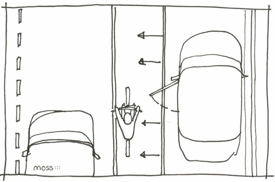 Diagram of doorzone where to bike, stay clear of width of an open door, at left of bike lane corridor.