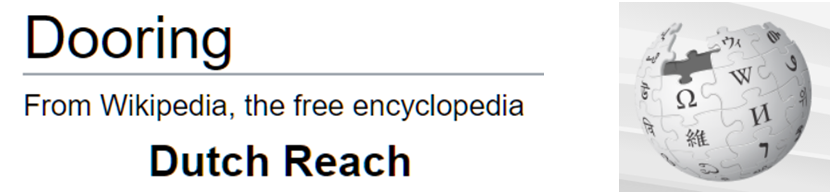 Dooring Dutch Reach Entry header from Wikipedia, w logo globe & Wikipedia, the Free Encyclopedia