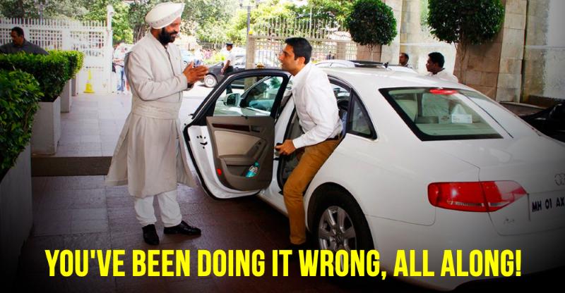 Dutch Reach instruction blog post . Image of Indian guru sihk with turban telling driver of car who is exiting that he has been gettilng our of his vehcile all wrong and should use the far hand  reach across method.