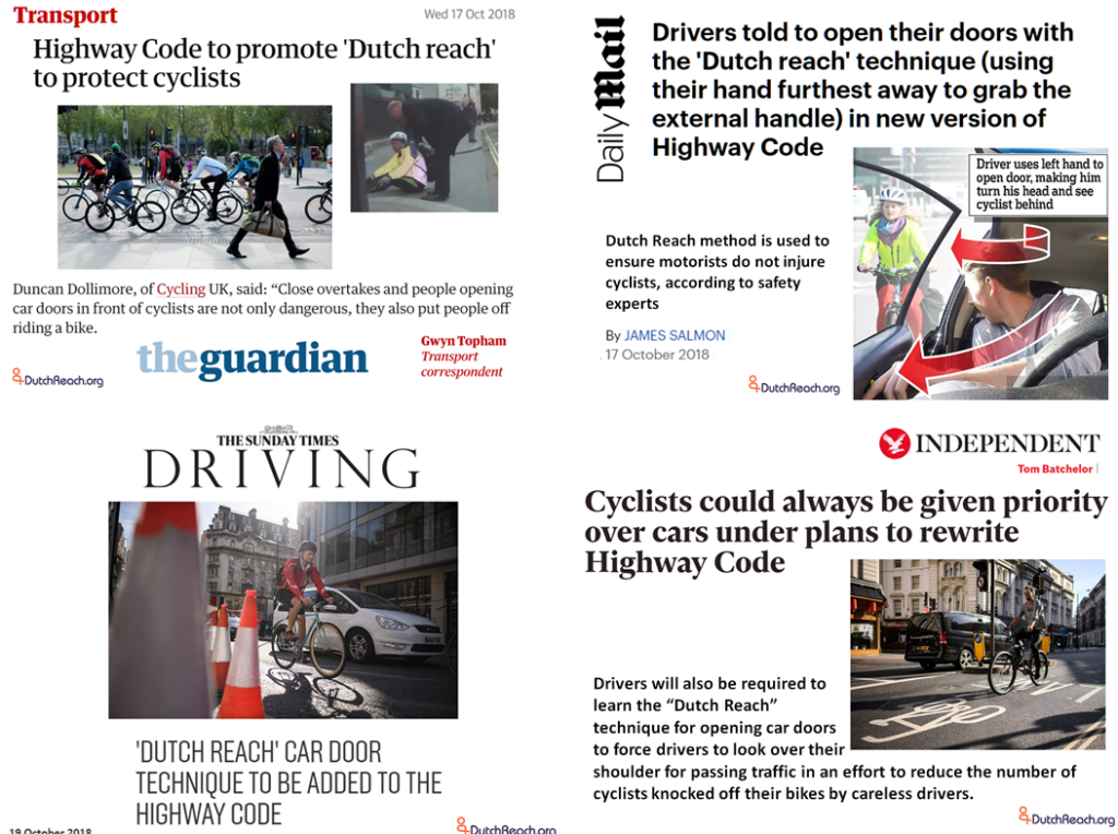 Major British press outlets media cover the addition of theDutch Reach far hand anti dooring method to the driving rules. October 2018.
