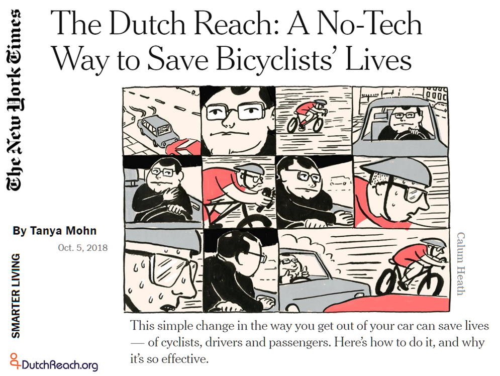 Michael Charney Dutch Reach Project to prevent dooring crashes & accidents New York Times article documents Netherland's far hand safety habit, danger of open car doors.