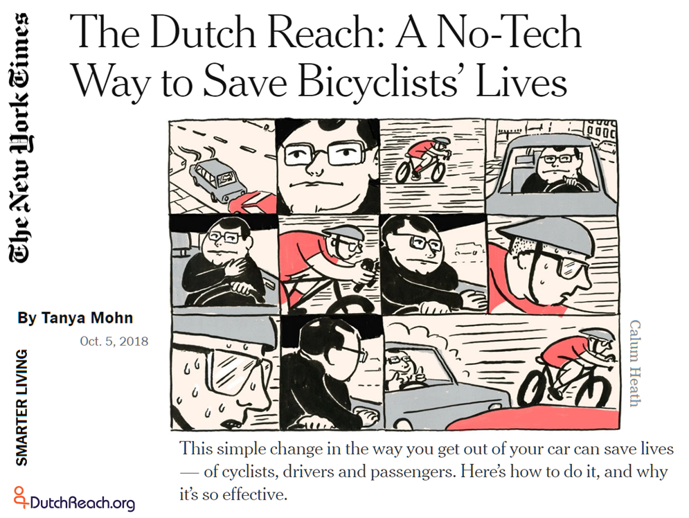 Michael Charney Dutch Reach Project to prevent dooring crashes & accidents New York Times article documents Netherland's far hand safety habit, danger of open car doors. 