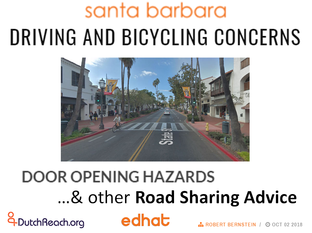 Road safety driving Tips: Horns, signaling, signage, dooring car dooring, hzarrd for cyclists, avoidance, close pass safe pass, road rage, speed, drive slowly. by Robert Bernstein.