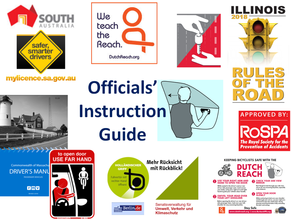 We instruct the Dutch Reach for Officials, shows state drivers manuals, Berlin germany & road safety RoSPA org endorsed taught far hand reach method to avoid dooring.