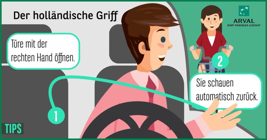 Der Holländische Griff – auch #DutchReach – verhindert das Übersehen eines Radfahrers beim Öffnen der Tür. Öffnen Sie die Autotür mit der rechten statt mit der näheren linken Hand. 