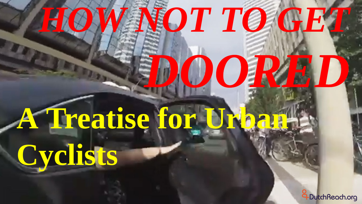 Summary overview article of advice about car dooring prevention and self defense for bicyclists to avoid being injured or killed by a careless heedless motorist driver or passenger who throws open their door into the path of oncoming vehicles & road users.