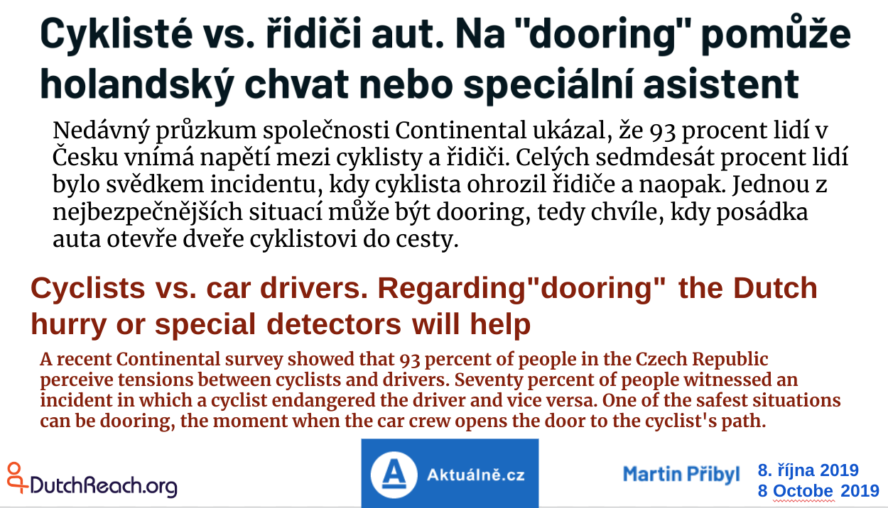 Nedávný průzkum společnosti Continental ukázal, že 93 procent lidí v Česku vnímá napětí mezi cyklisty a řidiči. Celých sedmdesát procent lidí bylo svědkem incidentu, kdy cyklista ohrozil řidiče a naopak. Jednou z nejbezpečnějších situací může být dooring, tedy chvíle, kdy posádka auta otevře dveře cyklistovi do cesty