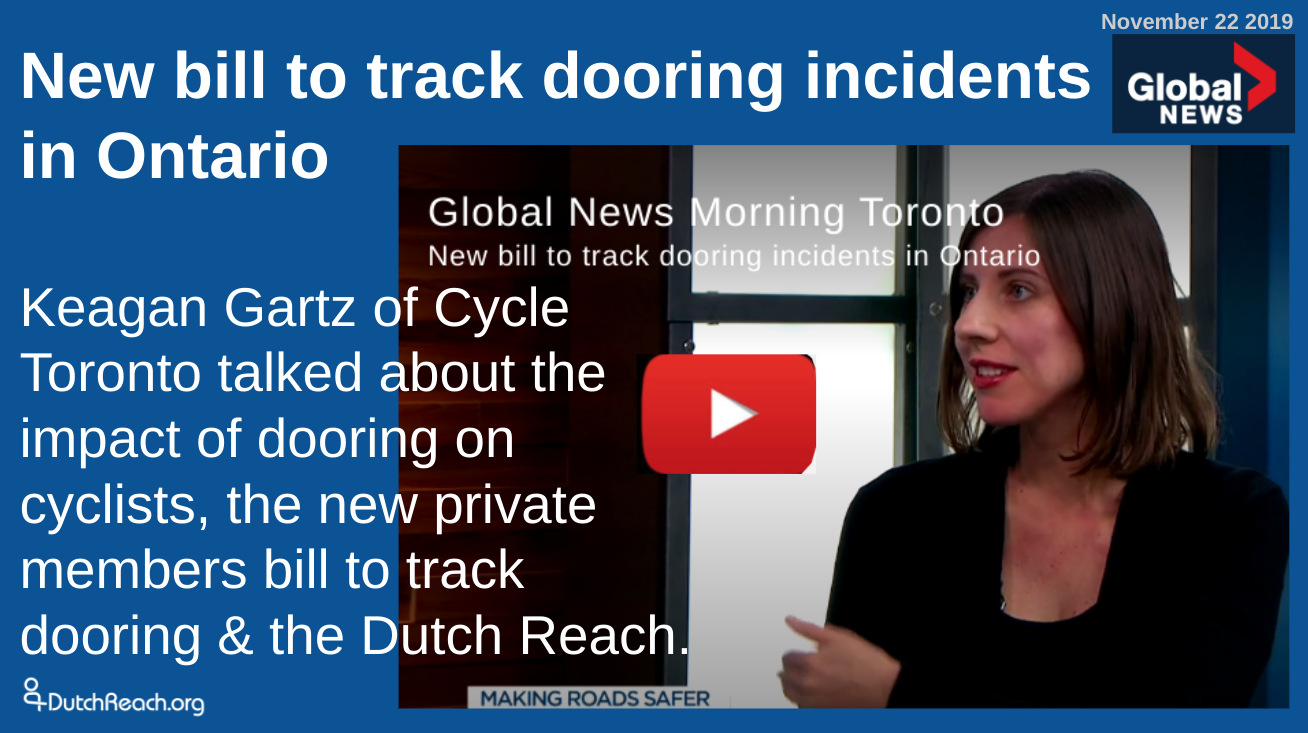 New bill to track dooring incidents in Ontario Keagan Gartz of Cycle Toronto talked about the impact of dooring on cyclists and the new private members bill to track dooring in Ontario.