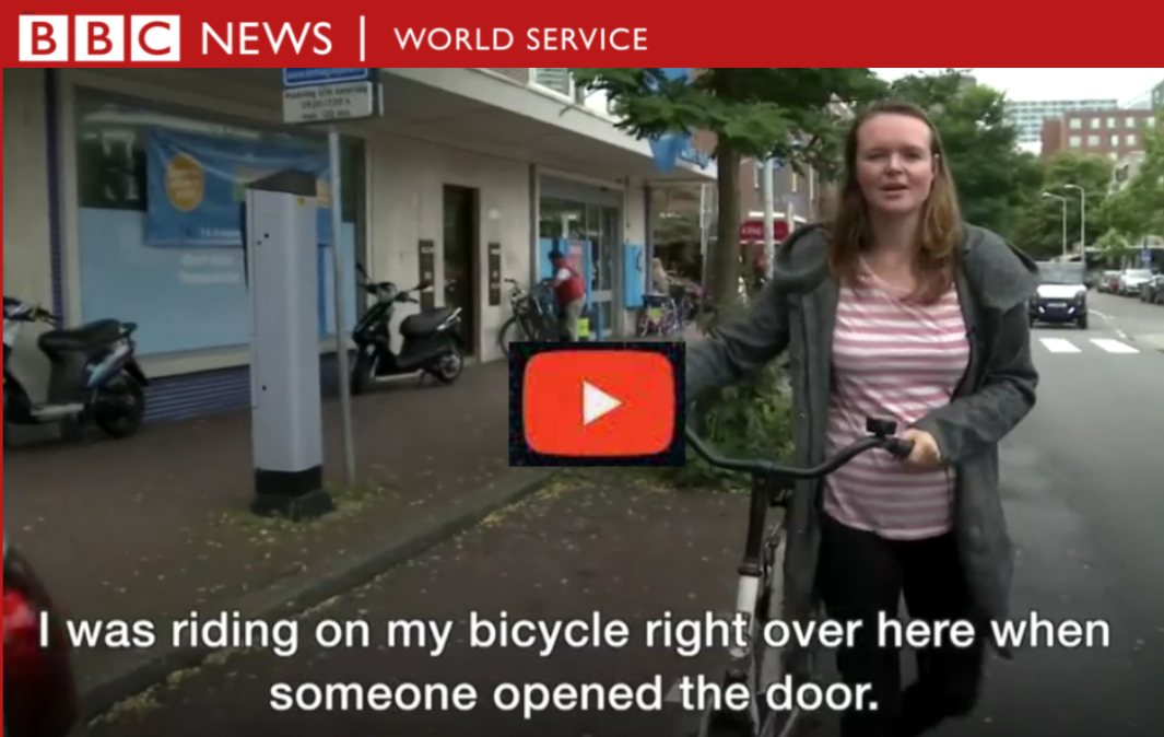 Dooring victim, reporter & Dutch driving instructor explain the Dutch Reach far hand method.